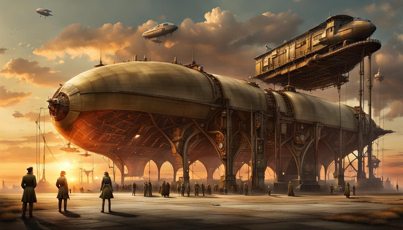 Steampunk Airfield at Sunset with Giant Hangars