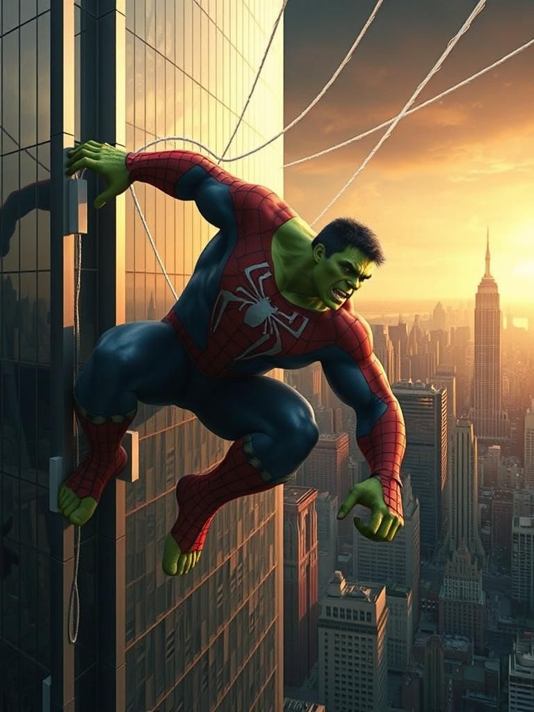 Hulk as Spider-Man Climbs Skyscraper at Sunset
