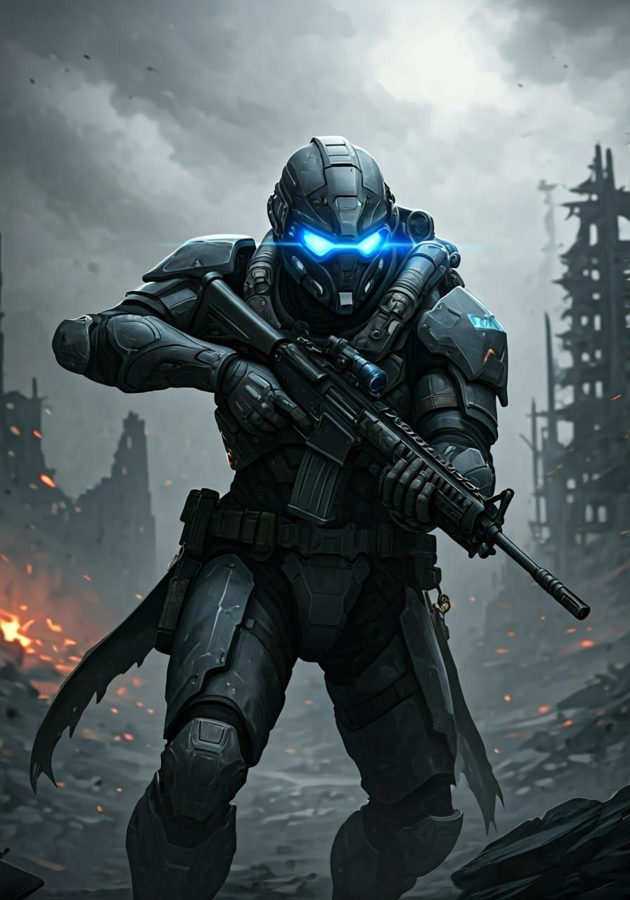 Futuristic Soldier Stands Ready in a Ruined World