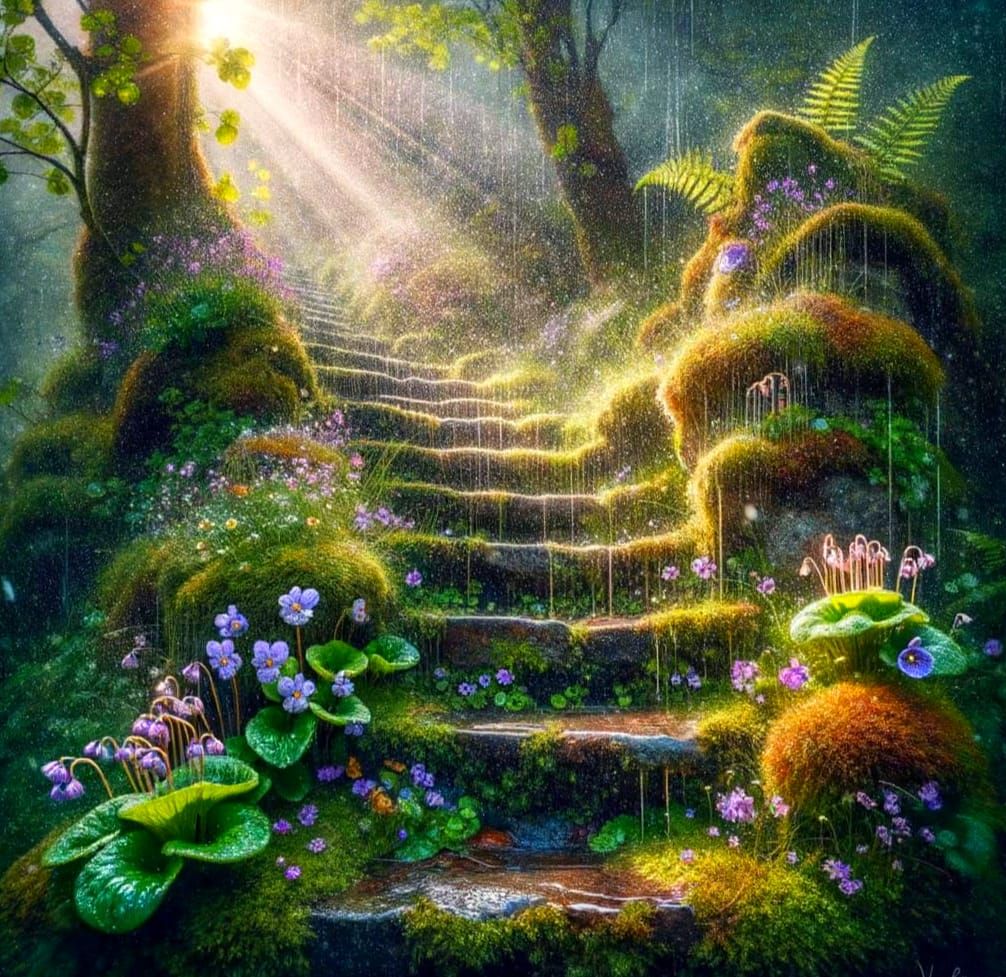 Mossy Stone Steps in Watercolour Rain