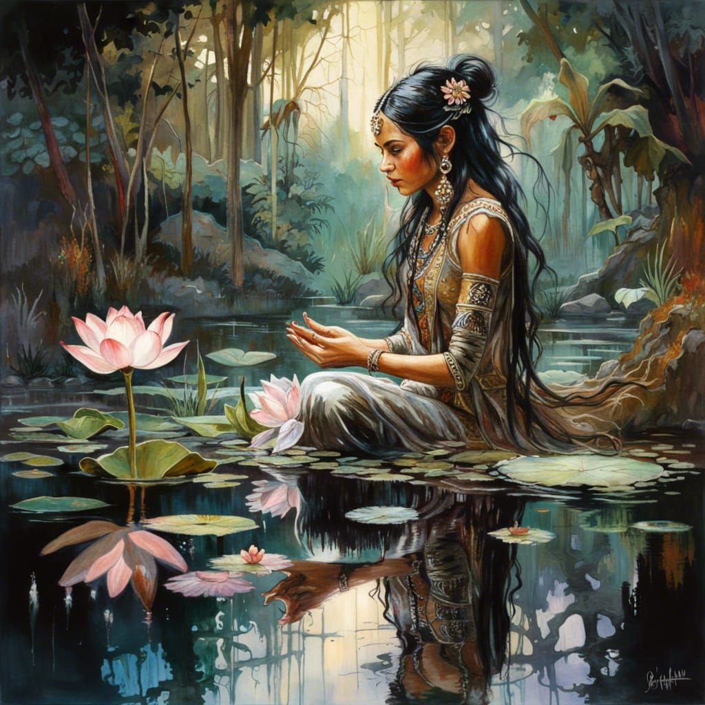 Dark Fantasy Indian Princess Touches Lotus Pond Reflection