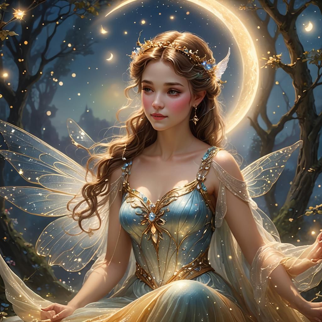 Fairy in Crescent Moon: Ethereal Fantasy Art