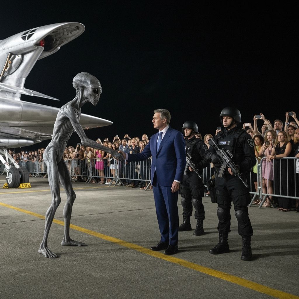 First Contact: Human and Alien Handshake on Runway