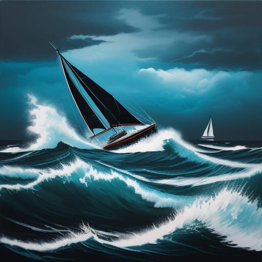 Abstract Expressionist Sailboat on Turbulent Sea