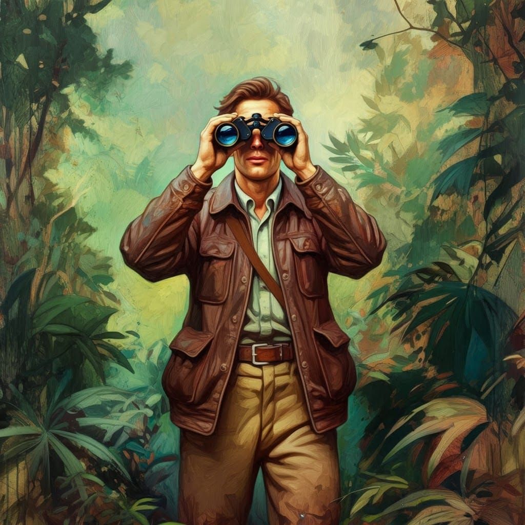 Explorer with Binoculars in Impressionist Style