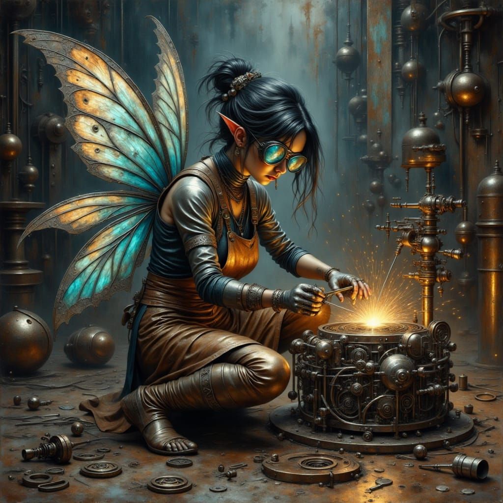Steampunk Mechanic Fairy Repairs Clockwork Machine