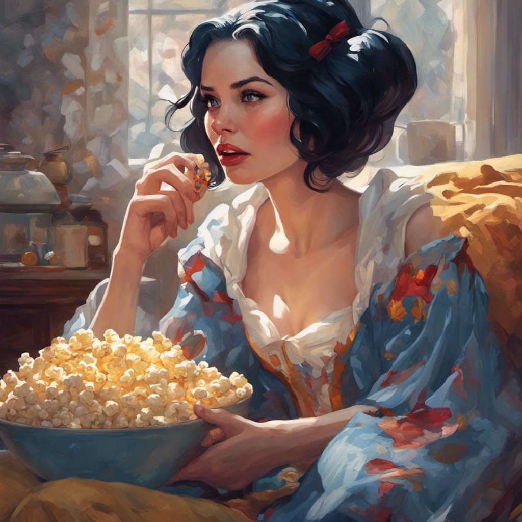 Snow White Portrait Watching TV in Art Nouveau Style
