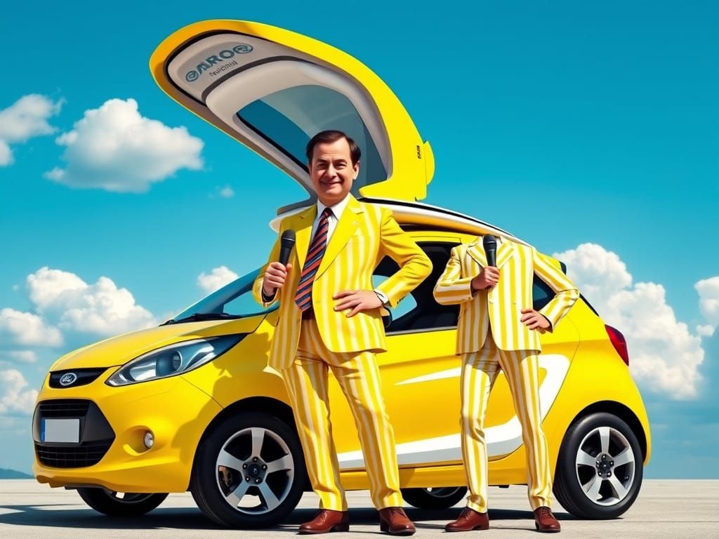 Retro-Futuristic Ford Ka with Gullwing Roof in a Bright Blue...