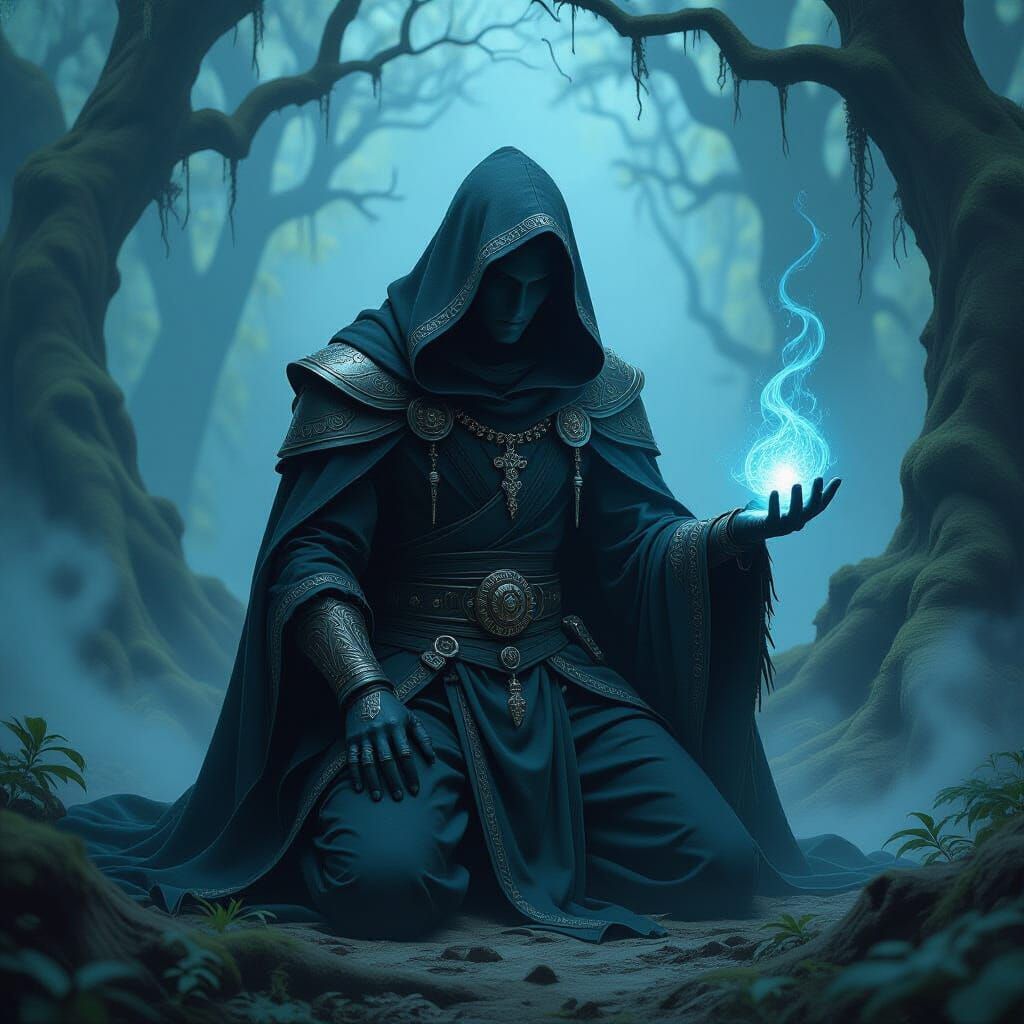 Mystical Warlock Kneeling in Ancient Forest