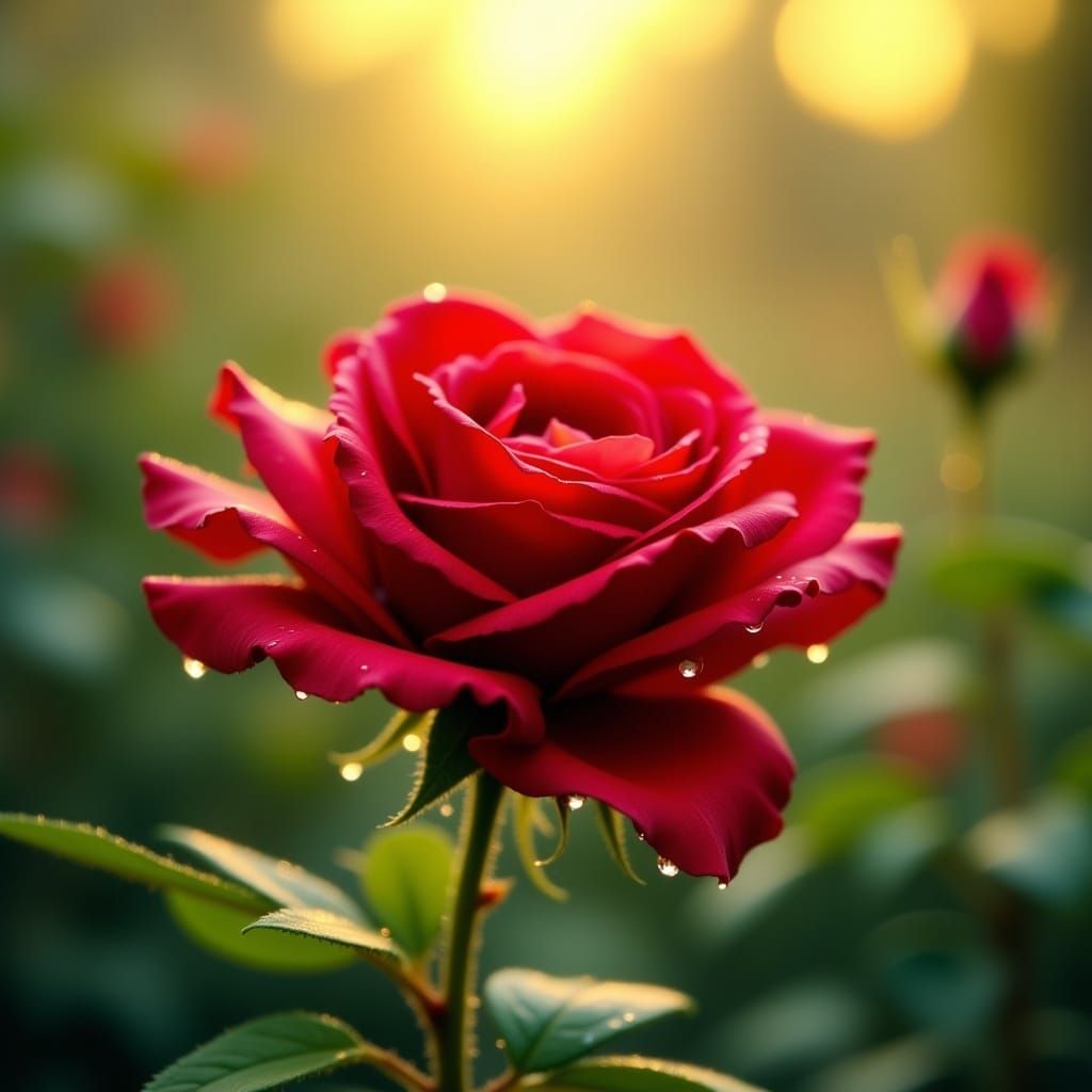 Single Red Rose in Morning Dew Illustration