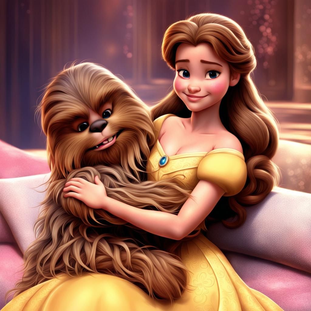 Belle and Chewbacca Snuggle in CGI Cartoon Style