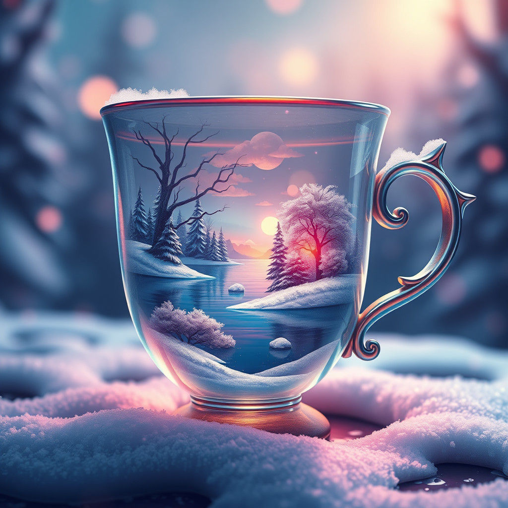 Winter Lake in Glass Cup: Cartoon Art