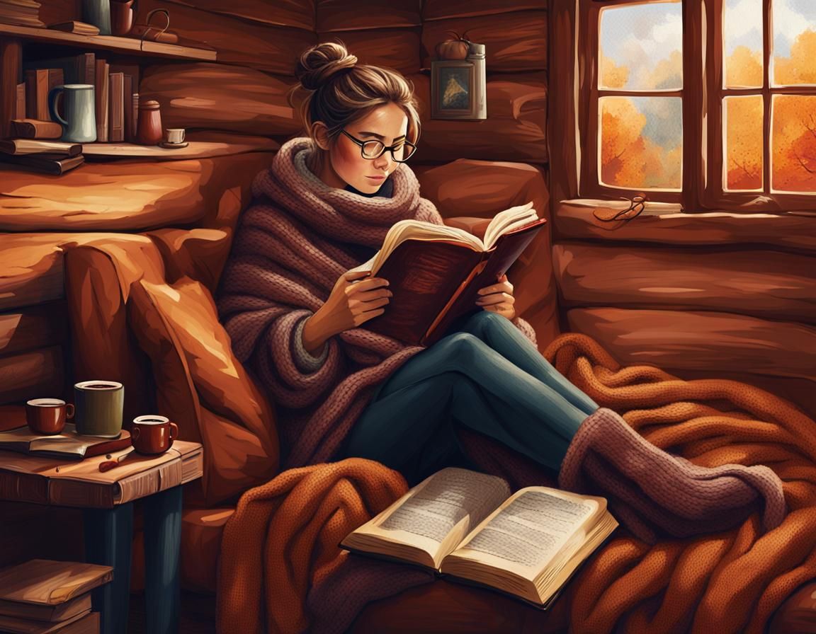 Cozy Cabin Nook in Autumn with Reading Woman