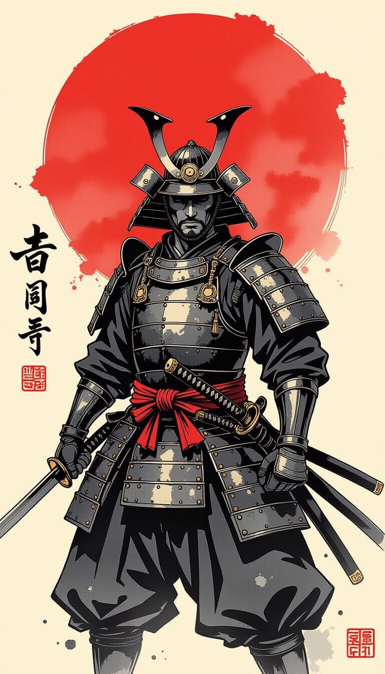 Samurai in Japanese Ink Wash Style
