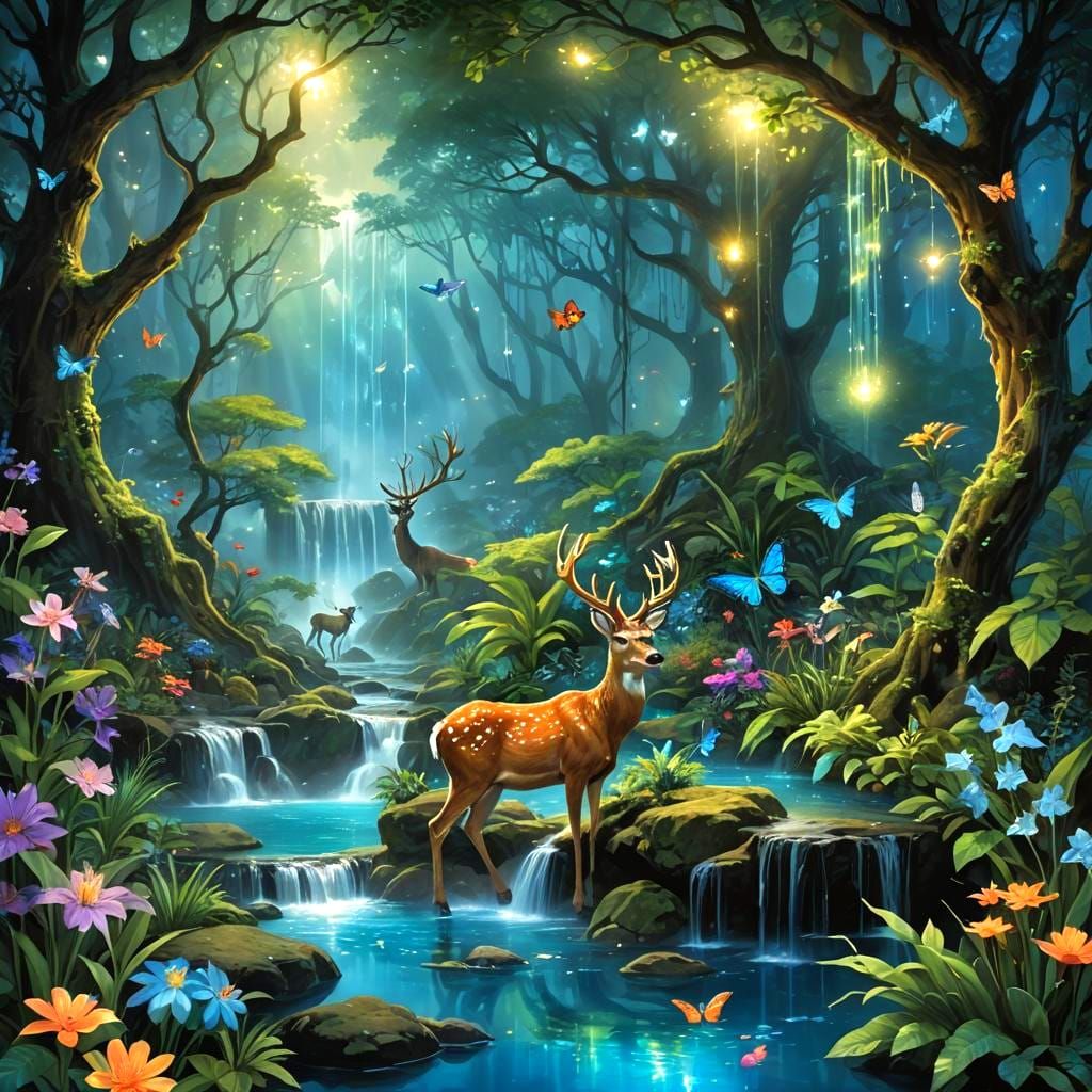 Bioluminescent Forest with Glowing Waterfall in Fantasy Art