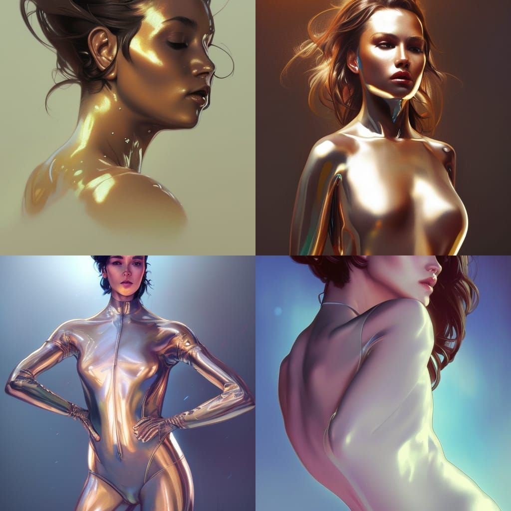 Struggling Woman in Shiny Bodysuit: Hyperdetailed Portrait