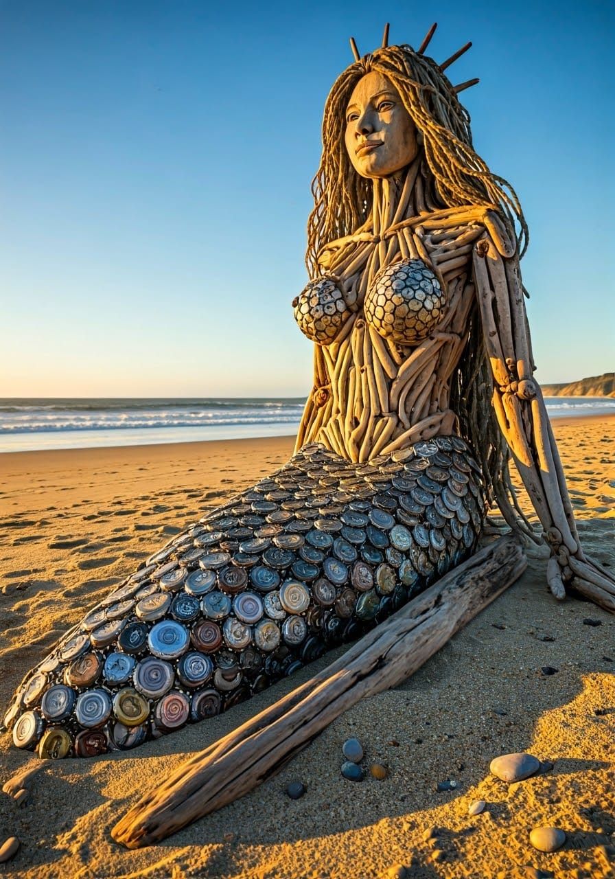 Weathered Driftwood Mermaid Sculpture on the Beach