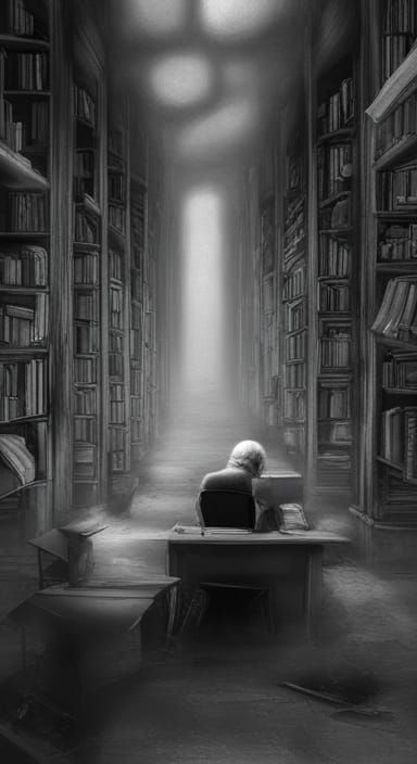 Grayscale Image: Old Man Reads in Future Library