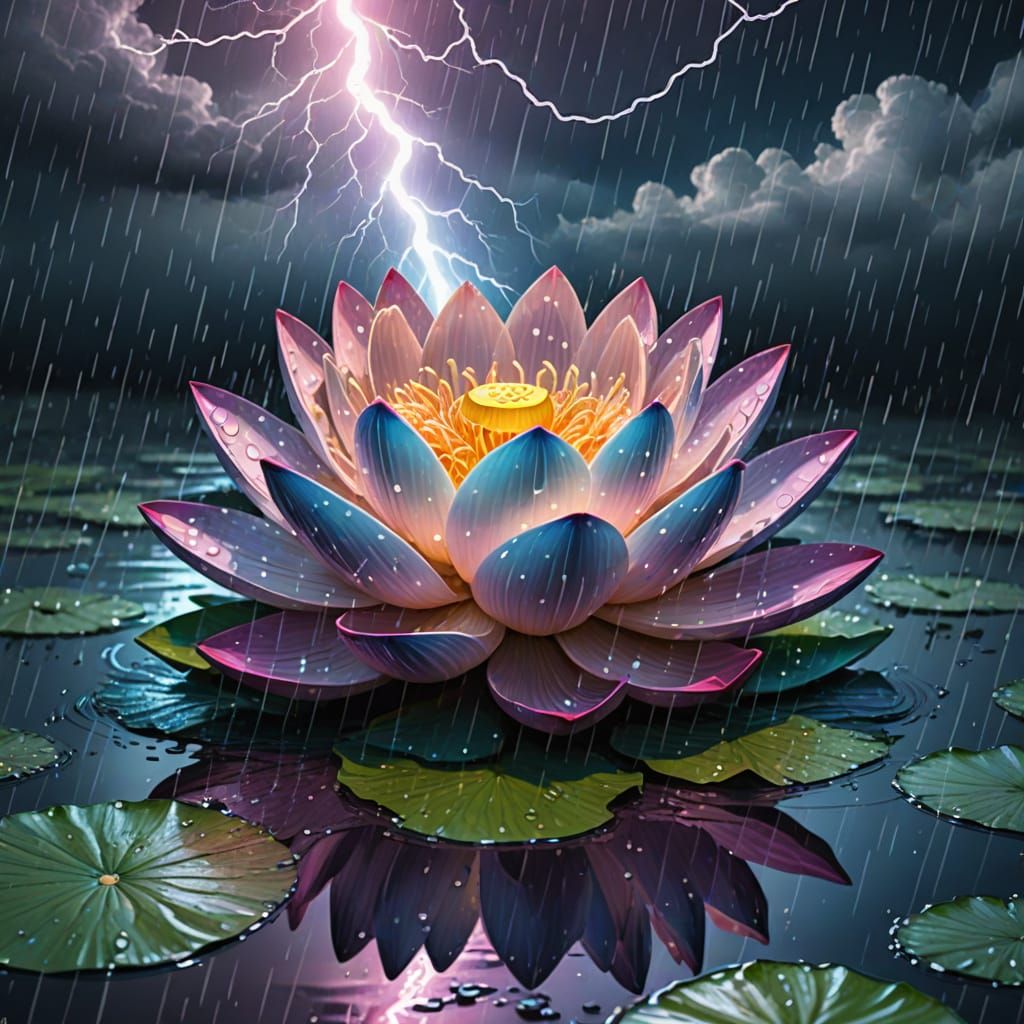 Floating lotus flower in a thunderstorm. Background rippling...