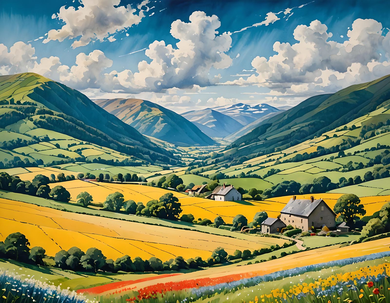 Emerald Valley Landscape in Watercolour Style