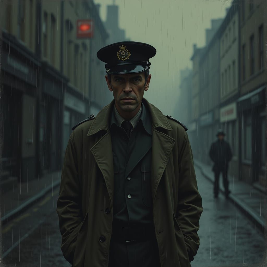 British Police Officer in Rainy Street Scene