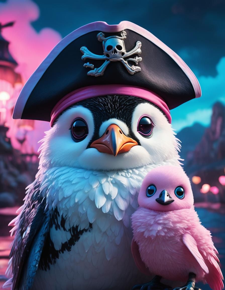 Pirate Penguin and Pink Ghost in Surreal Kawaii Art