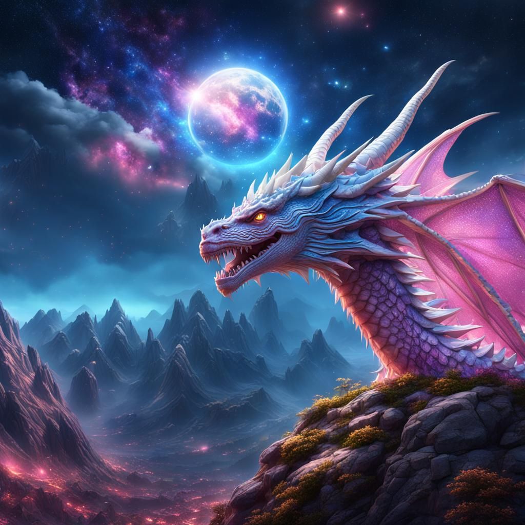 Magical Dragon in Space with Rocky Mountains