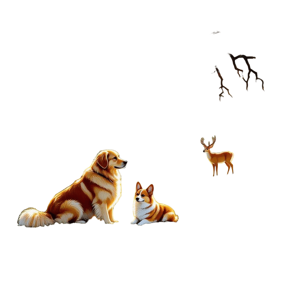 Dogs, Cats, and Deer by a Creek Waterfall