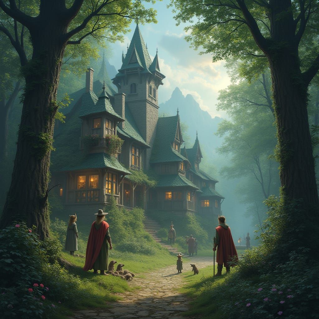 Enchanting Elven Village Digital Painting with Woodland Crea...