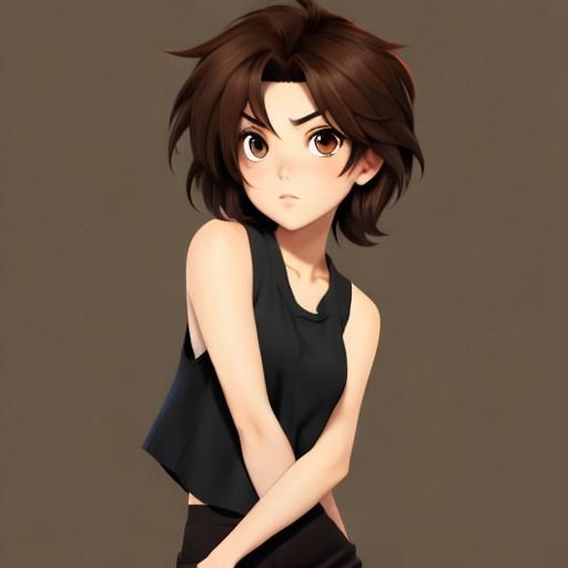 Anime Tomboy with Asymmetrical Hair in Black Tank Top