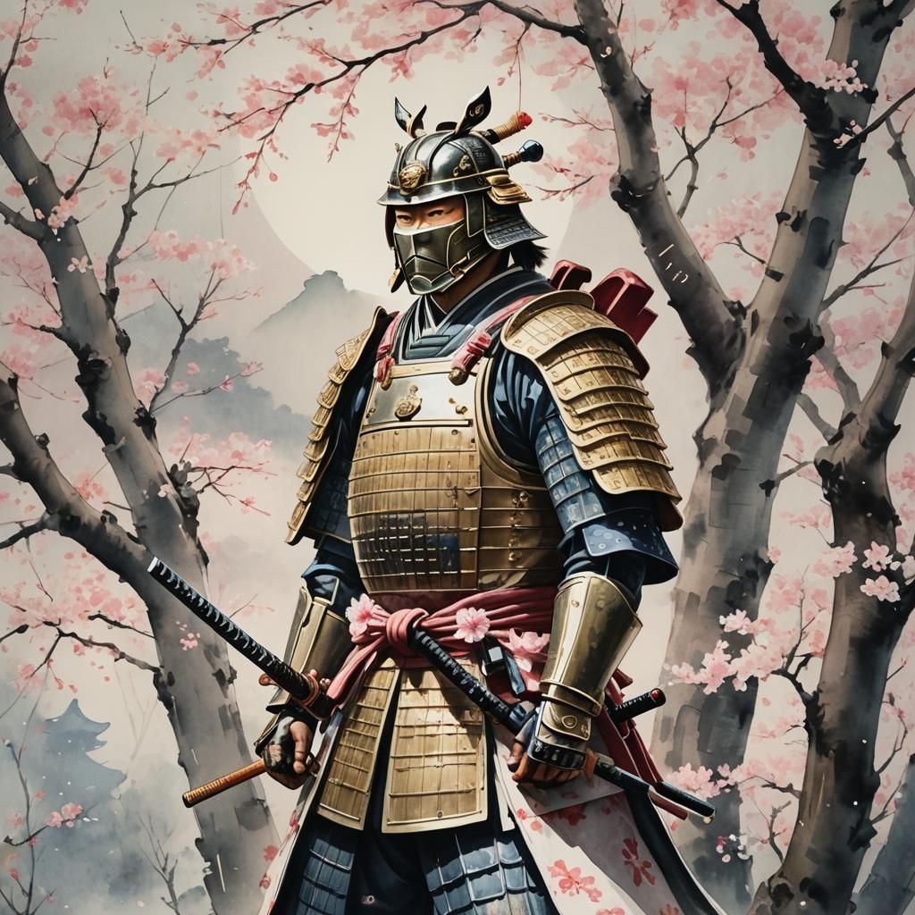 Samurai in Cherry Blossoms: Ukiyo-e Watercolor Painting
