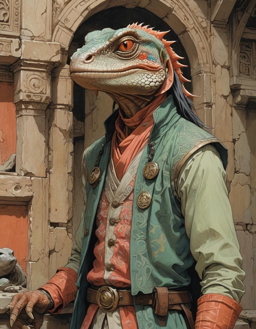 Anthro Lizard Merchant in Ruins, Color Pencil Drawing