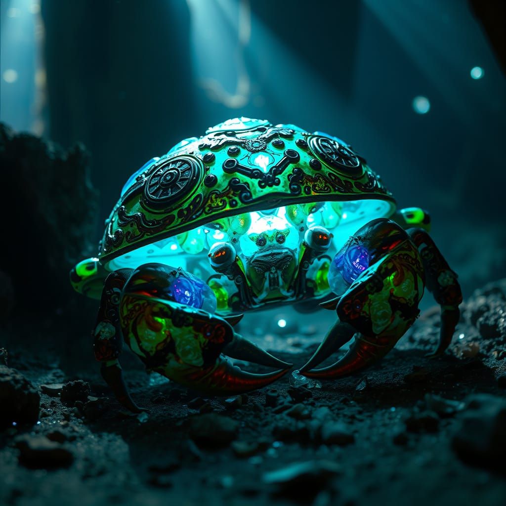 Bioluminescent Crab in Sunken Steampunk City