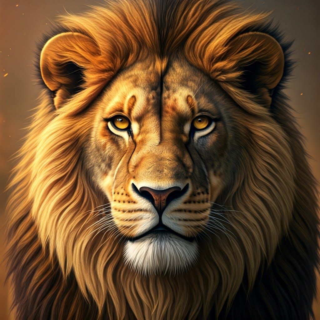 Regal Lion with Flames in His Mane and Loving Gaze