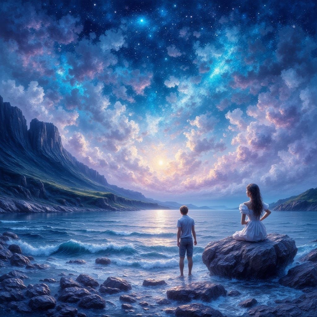 Woman Gazing at Twilight Horizon as Impasto Painting