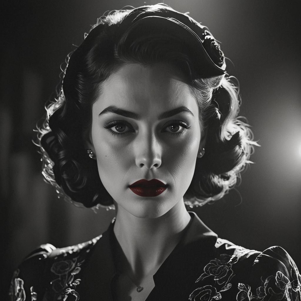 Film Noir Portrait of Woman with Red Lips