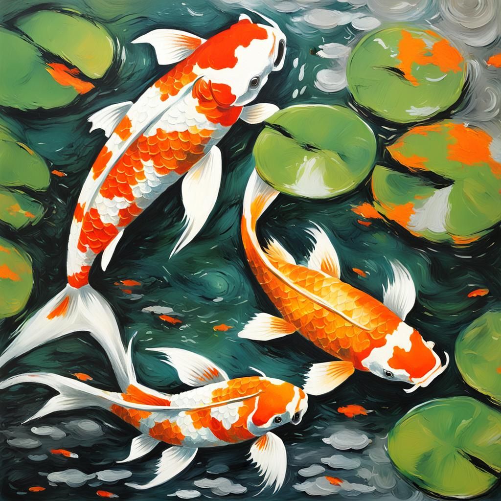 Koi Fish Leap: Neo-Impressionist Impasto Painting