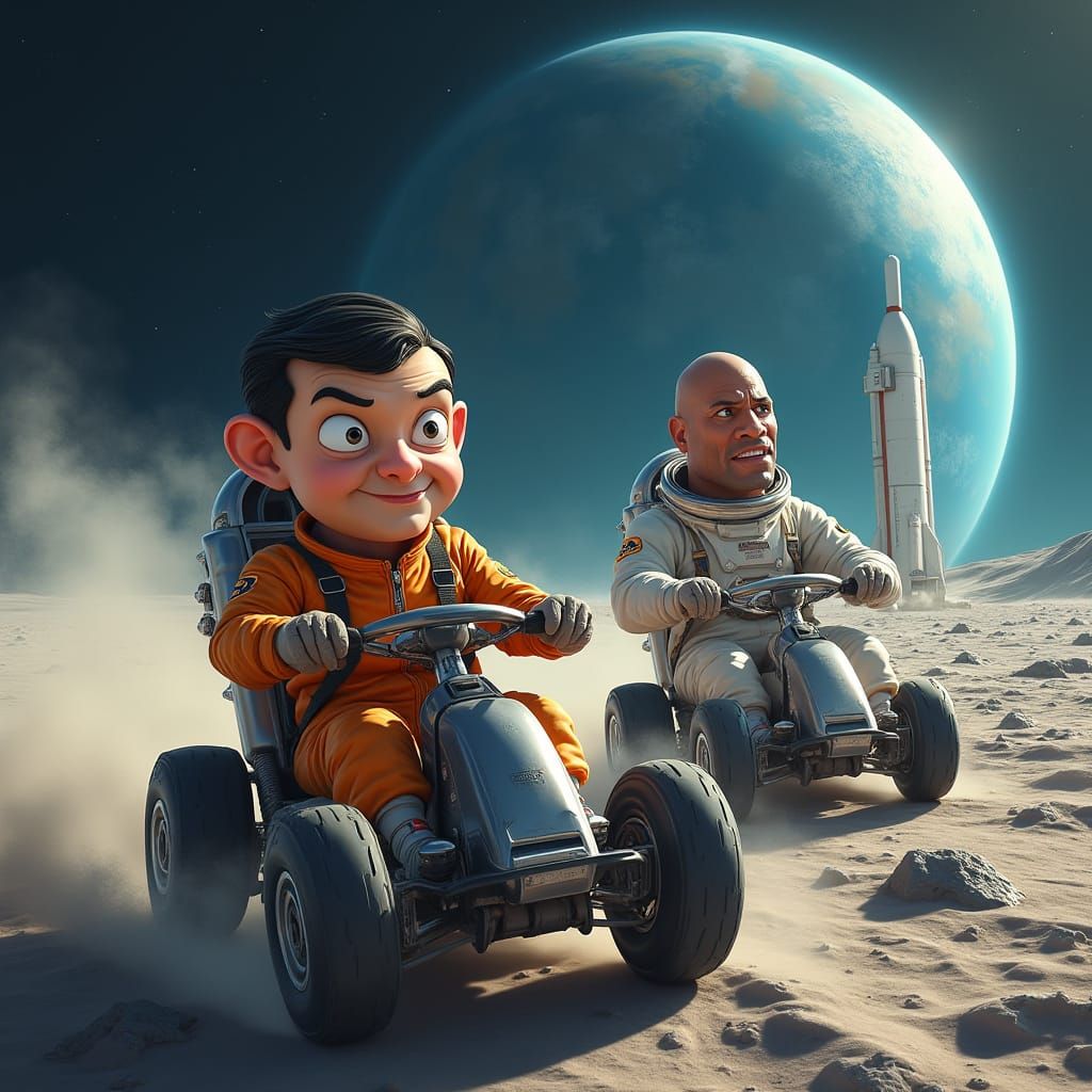 Mr. Bean Races The Rock in Go-Karts on the Moon