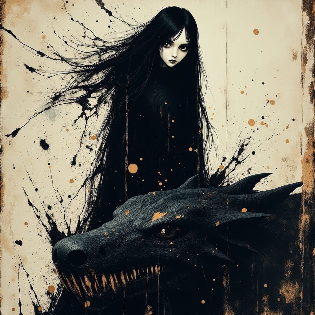 Eerie Girl on Dragon in Gothic Horror Style
