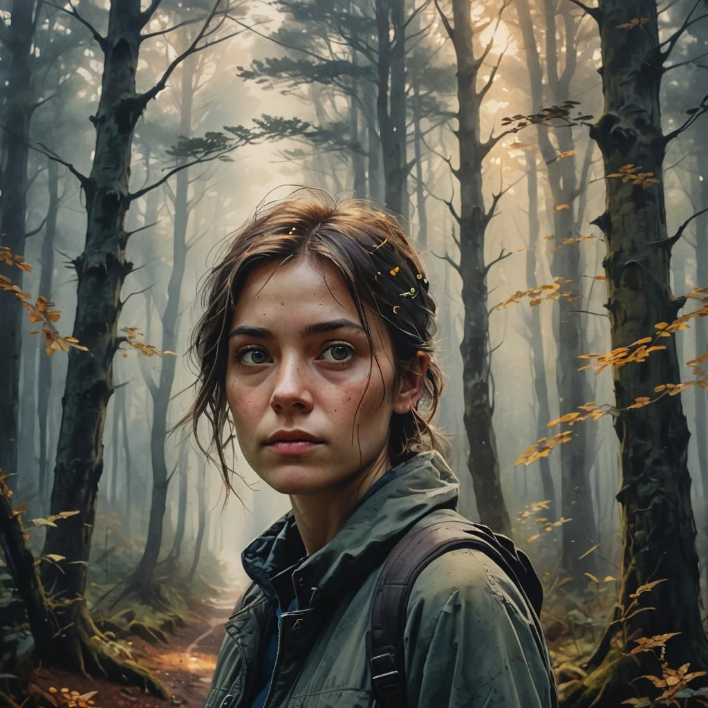 Person Contemplating Paths in Misty Forest