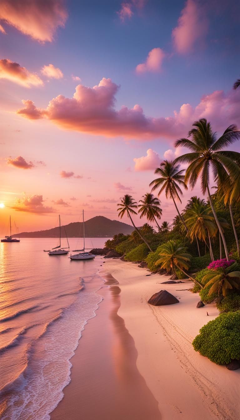 Tropical Evening Beach Sunset with Sailboats