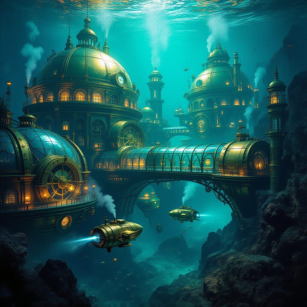 Steampunk Underwater City with Clockwork and Submersibles
