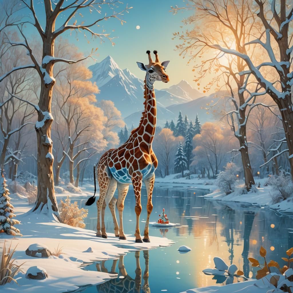Fantasy Giraffe and Rabbit Play by Lake