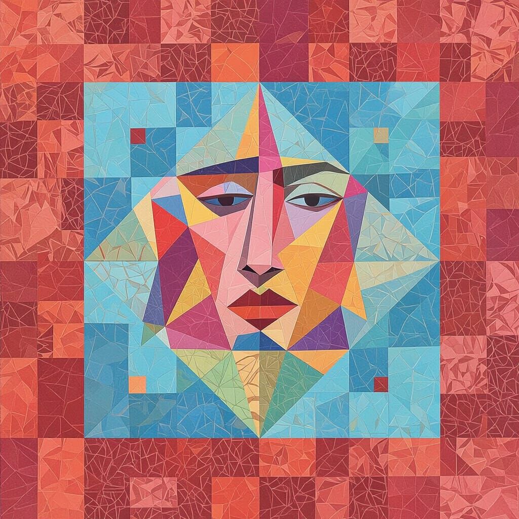 Vibrant Cubist Portrait with Art Deco Patterns