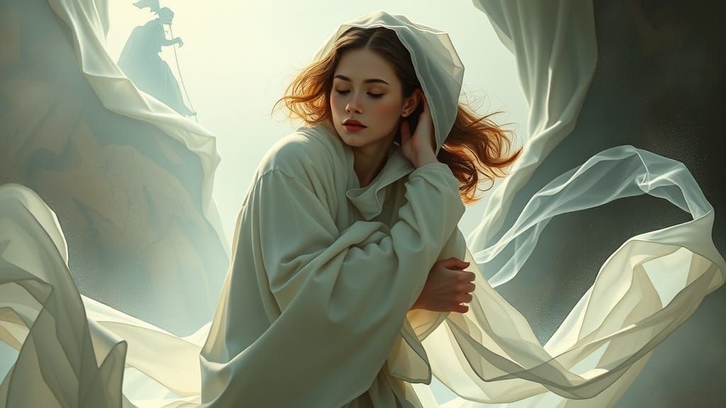 Ethereal Woman in White Robes Floating in Void