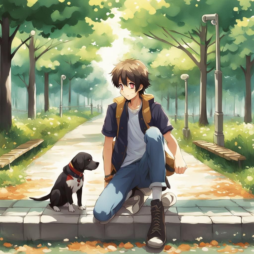 Dog at Park in Anime Style