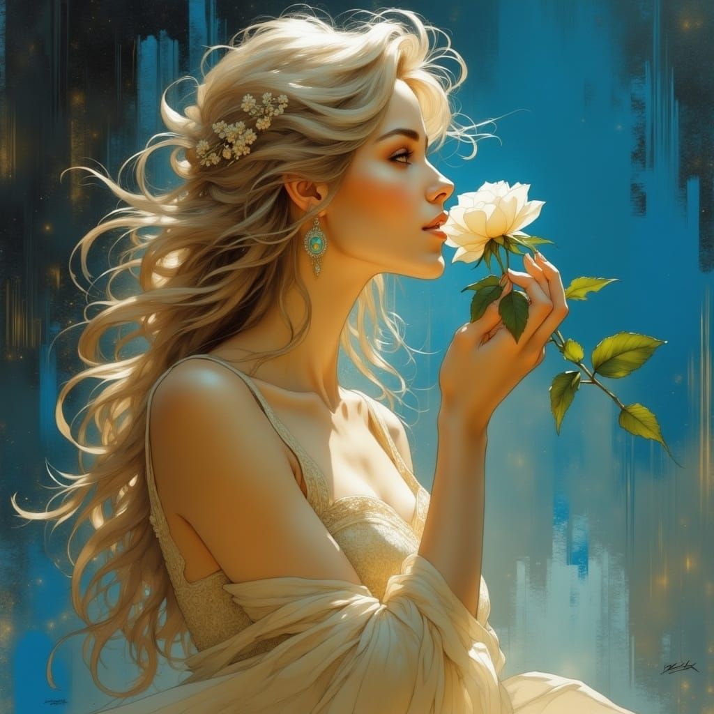 Ethereal Young Woman Kisses a Rose in a Soft Pre-Raphaelite ...