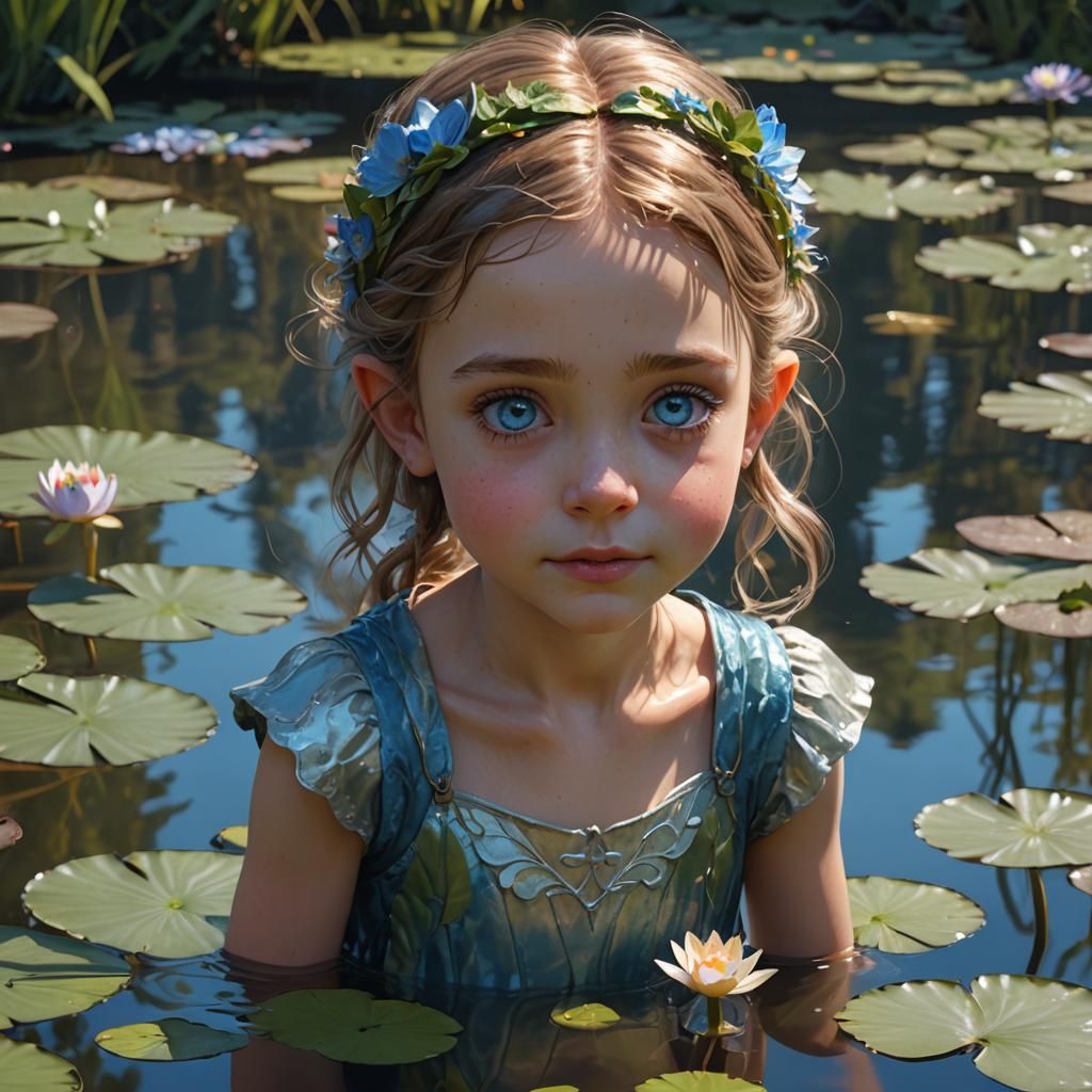 Fairy Girl Gazing at Pond Reflection in 8k