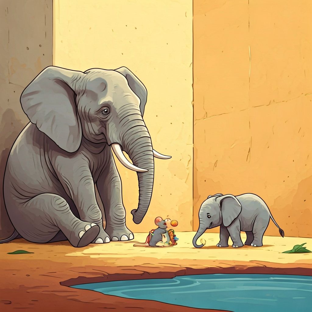 Elephants and Mouse Play in Zoo, Digital Illustration