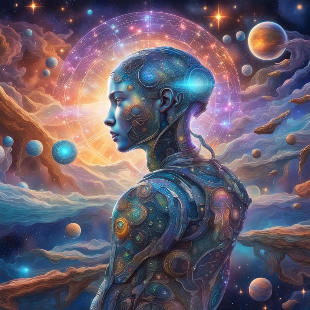 Cosmic Cyborg Dreamscape in Holographic Illustration